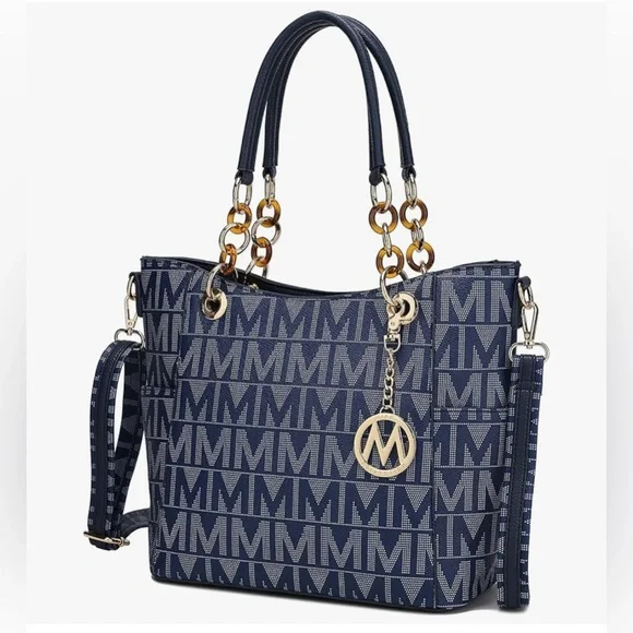 Stylish Blue Handbag with Gold Accents - Picture 1 of 3